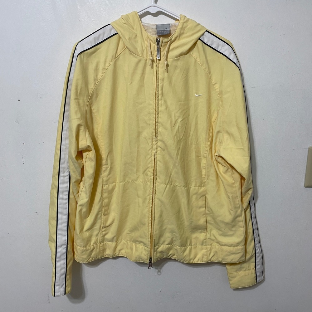 Nike Vintage Women XL Yellow Windbreaker Full Zip Hooded Track Jacket Stripe